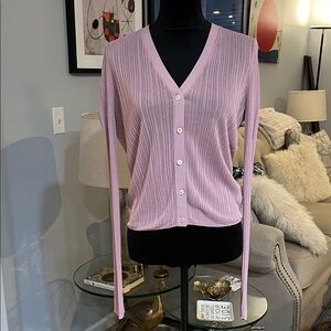 Theory Light Pink Ribbed V-Neck Button Cardigan Sweater| Size S